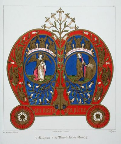 Monogram imienia Najświętszej Marii Panny, z „Słowniczka ozdób i dekoracji kościelnych”, litografia H.C. Maguire autorstwa Augustus Welby Northmore (after) Pugin
