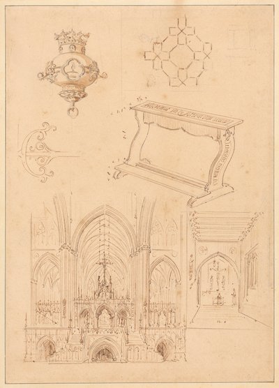 Projekty ornamentyki gotyckiej, klęcznika i dwa szkice wnętrz kościołów gotyckich autorstwa Augustus Welby Northmore Pugin