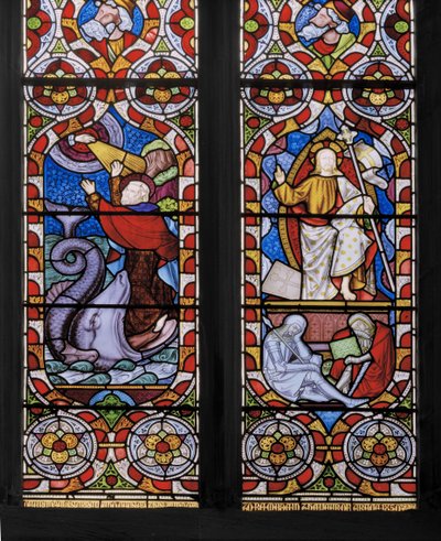 Typy i antytypy: Jonasz i wieloryb oraz Chrystus Zmartwychwstały, szczegół, 1850 (witraże) autorstwa Augustus Welby Northmore Pugin