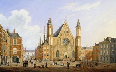 Binnenhof w Hadze z widokiem na Ridderzaal z żołnierzami i innymi postaciami na dziedzińcu autorstwa Augustus Wynantz