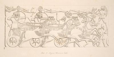 Asyryjscy wojownicy w bitwie, z Monuments of Niniveh, wyd. 1849 autorstwa Austen Henry Layard