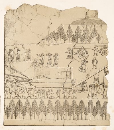 Asyryjczycy poruszający skrzydlatego byka na sankach (Kouyunjik), z Monuments of Niniveh, wyd. 1849 (grawerowanie) autorstwa Austen Henry Layard