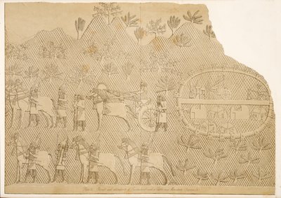 Rydwan i pomocnicy Sennacheryba i zamku na górze (Kouyunjik), z Monuments of Niniveh, wyd. 1849 autorstwa Austen Henry Layard
