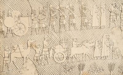 Detal z jeńców i łupów z miasta Lachich, ilustracja z Monuments of Niniveh, 1858 autorstwa Austen Henry Layard