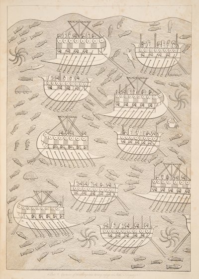Wrogowie Asyryjczyków schroniący się na statkach (Kouyunlik), z Monuments of Niniveh, wyd. 1849 autorstwa Austen Henry Layard