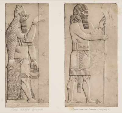 Bóg Ryby (Nimroud) i Figura przy wejściu (Kouyunjik), z Monuments of Niniveh, wyd. 1849 autorstwa Austen Henry Layard