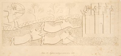 Uciekinierzy przeprawiający się przez rzekę do Zamku, z Monuments of Niniveh, pub. 1849 autorstwa Austen Henry Layard