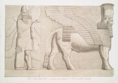 Byk z ludzką głową i skrzydlata postać z bramy w murze otaczającym Kouyunjik [Quyunjik], 1853 autorstwa Austen Henry Layard