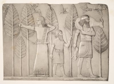 Myśliwi z Gazelą, zającem i ptakami (Khorsabad), z Monuments of Niniveh, wyd. 1849 autorstwa Austen Henry Layard