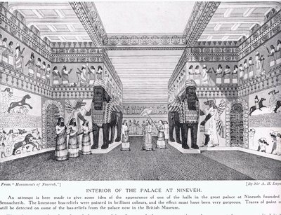 Wnętrze Pałacu Niniwy, ilustracja z „Historii Narodów Hutchinsona” autorstwa Austen Henry Layard