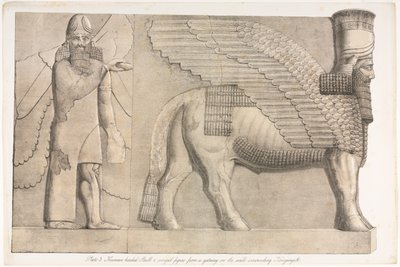 Pomniki Niniwy: ilustracja 3, byk z ludzką głową i skrzydlata postać z bramy w murze otaczającym Kouyunjik (Quyunjik) autorstwa Austen Henry Layard