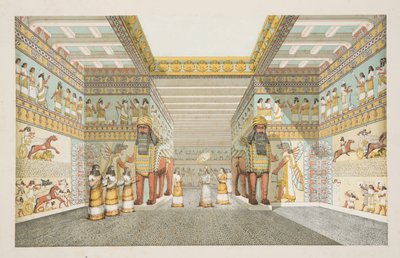 Rekonstrukcja Sali pałacu asyryjskiego, z Monuments of Niniveh, wyd. 1849 (grawerowanie ręcznie kolorowane) autorstwa Austen Henry Layard