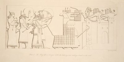 Król przed oblężonym zamkiem, taran robiący wyłom w murach, z Monuments of Niniveh, pub. 1849 autorstwa Austen Henry Layard