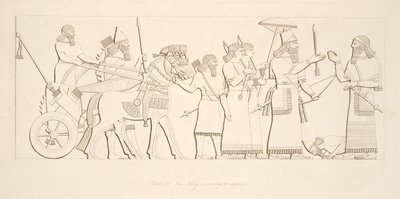 Król przyjmujący jeńców, z Monuments of Niniveh, wyd. 1849 autorstwa Austen Henry Layard
