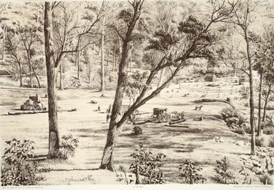Free Selectors Hut, z Historii Australazji autorstwa Davida Blaira, McGrady, Thomson i Niven, 1879 autorstwa Australian School