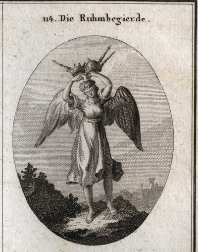 Alegoria ambicji. Jego skrzydła zaznaczają jego skłonność do wznoszenia się, a jego zuchwałość wyznaczają różnego rodzaju korony i berła. Opaska na oczy podkreśla jej brak rozeznania i ślepotę na wszystko, na co uważa, że zasłużyła. Grawerowanie w „”Ico autorstwa Austrian School