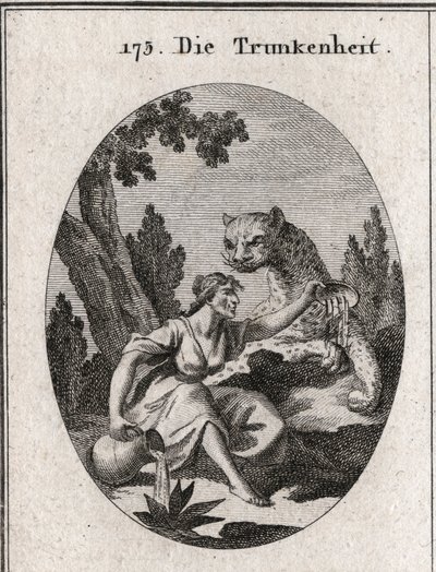 Alegoria pijaństwa. Trzyma dzban i kubek pełen wina, który zostawia. Jej symbolem jest panterkowy symbol furii pijaństwa. Grawerowanie w „” ikonologii lub pomysłach z królestwa pasji i alegorii przedstawionych dla Zei autorstwa Austrian School