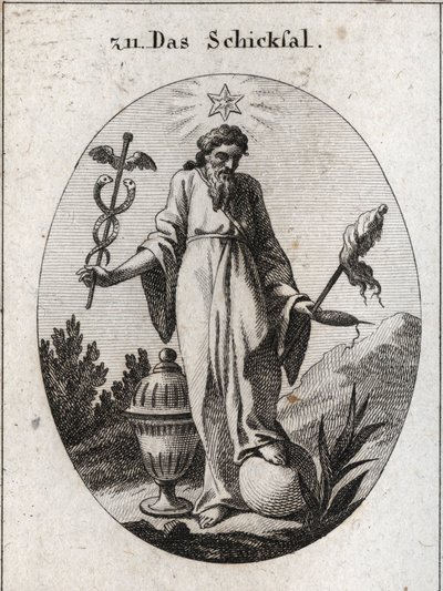 Alegoria losu. Gwiazda nad nim przedstawia raporty astrologii o wydarzeniach z życia ludzkiego. W jednej ręce trzyma liściasty symbol swojej mocy, az drugiej symbol pałki i fiuseau, którego zerwana nić wskazuje na kruchość życia. Ziemia autorstwa Austrian School