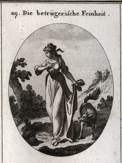 Alegoria finezji, która ma tendencję do zwodzenia. Jest reprezentowana z jedną ręką na piersi, a drugą za nią, trzymającą lisa symbol oszustwa. Grawerowanie w ikonologii „obrazowej” lub idei z kręgu namiętności i alegorii autorstwa Austrian School