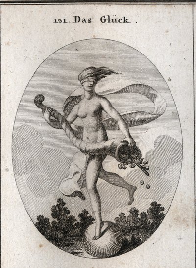 Alegoria fortuny przedstawiona z opaską na oczach, aby pokazać, że jest ślepa na swoje dary. Trzyma róg obfitujący w berła, korony, klejnoty i monety. Jest umieszczony na kuli, która szybko się obraca. Grawerowanie w „” Iconologie oder Ideen aus dem Gebiet autorstwa Austrian School