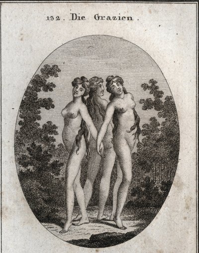 Alegoria Łask. Trzy łaski: Euphrosine oznaczająca agresję i zadowolenie, Aglaya symbolizująca imponujące piękno i Thalia zachwyt. Grawerowanie w „” ikonologii lub idei z zakresu pasji i alegorii przedstawionych dla Ze autorstwa Austrian School