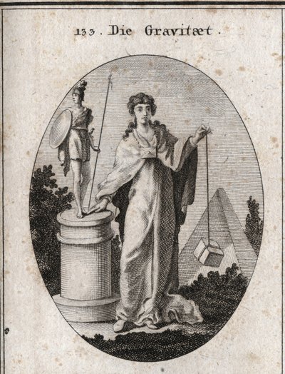 Alegoria grawitacji. Złoty łańcuszek, do którego przymocowany jest papier, symbolizuje zaufanie. Kolumna i posąg oznaczają zachowanie chwalebnych działań, a kamień oznacza ważenie. Grawerowanie w „” Iconologie oder Ideen aus dem Gebiete der Leidenschaften autorstwa Austrian School