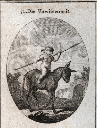 Alegoria ignorancji reprezentowana przez dziecko jadące na osiołku, z oczami wydłubanymi trzcinową laską (symbolizującą pusty mózg). Grawerowanie w ikonologii „” czyli idei z zakresu pasji i alegorii przedstawionych dla rysownika Mahlera autorstwa Austrian School