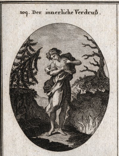 Alegoria wewnętrznego smutku reprezentowana przez smutek twarzy i zaburzenia przystosowania. Jej pierś wydaje się pożerać przez kilka węży. Wyryte w „ikonologii” lub przedstawiane są idee z dziedziny pasji i alegorii autorstwa Austrian School