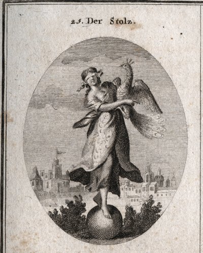 Alegoria dumy reprezentowana przez młodą dziewczynę z opaską na oczach umieszczoną na kulowym emblemacie jej małego solidite. Paw symbolizuje wspaniałego ducha. Bogata odzież zakrywa jej biedne ubrania, aby pokazać je na zewnątrz. Grawerowanie w „” Iconolo autorstwa Austrian School