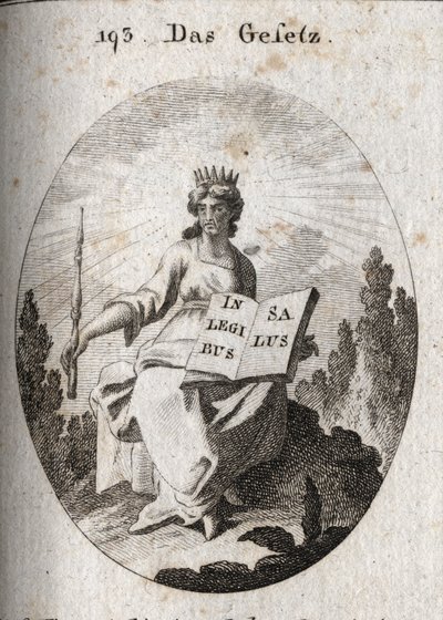 Alegoria prawa. Jego promienna diadema oznacza jego boskie pochodzenie. Berło oznacza jego autorytet, a księga jest otwarta lub z napisem „”In Legibus Salus”” oznacza, że obiecuje nagrodę tym, którzy są jej posłuszni. Grawerowanie w „” Iconologie oder Idee autorstwa Austrian School