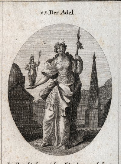 Alegoria szlachty. Gwiazda oznacza uniesienie uczuć. Posąg Minerwy i włócznia wskazują na to, że może ona zdobyć zasługi w nauce i broni. Grawer w „” Iconologie oder Ideen aus dem Gebiete der Leidenschaften und Allegorien bild autorstwa Austrian School