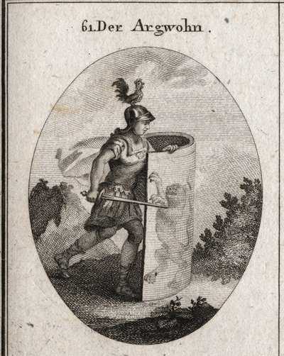 Alegoria podejrzenia wycina za tarczą, na której stoi lew, symbol podejrzenia według Arystotelesa, oraz kogut na hełmie reprezentujący czujność. Grawer w „” Iconologie oder Ideen aus dem Gebiete der Leidenschaften und Alleg autorstwa Austrian School
