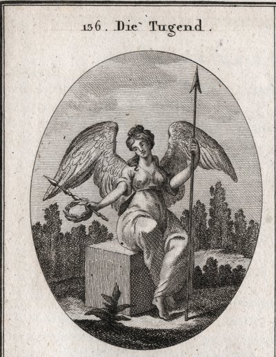 Alegoria cnoty. Marmurowy sześcian, na którym siedzi, pragnie solidytu, a rozpostarte skrzydła sprawiają, że stoi ponad wulgarnością. Grawerowanie w „” ikonologii lub pomysłach z zakresu pasji i alegorii przedstawionych dla kreślarzy, autorstwa Austrian School