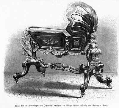 Łóżeczko dziecięce austriackiego następcy tronu, ilustracja z Leipziger Illustrirte Zeitung, 1859 (drewno) autorstwa Austrian School