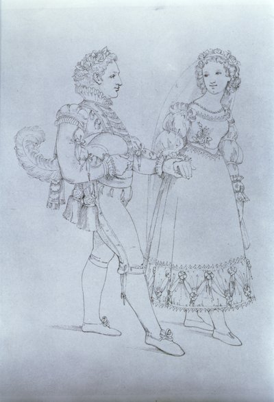 Projekty kostiumów dla Figara i Zuzanny z opery „Wesele Figara” Wolfganga Amadeusza Mozarta (1756-91) (rycina) autorstwa Austrian School