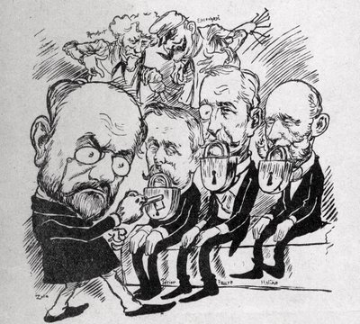 Emile Zola próbuje odblokować zamki zamykające usta prezydentów Jean Casimir-Perier (1847-1907) i Felixa Faure (1841-1899) oraz przewodniczącego Rady Julesa Meline (1838-1925), podczas gdy w tle Henri Rochefort (1831-1913) powiedział Com autorstwa Austrian School