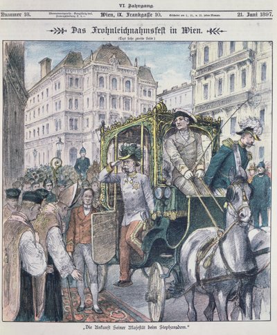 Cesarz Austrii Franciszek Józef przybywający do katedry św. Szczepana w Wiedniu z okazji święta Bożego Ciała (Fronleichnam), 1897; autorstwa Austrian School