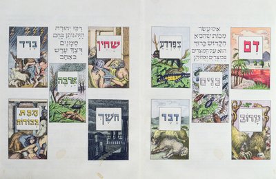 Ilustracje dziesięciu plag egipskich z Hagady, opublikowane w Wiedniu ok. 1900 r. autorstwa Austrian School