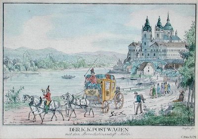 Powóz Cesarskiej Poczty Austriackiej przed Opactwem Melk nad Dunajem, początek XIX wieku (kolorowe grawerowanie) autorstwa Austrian School