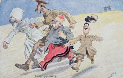 Przegrupowanie, Rosja, Wielka Brytania, Francja i Włochy uciekają przed Austriakami i Niemcami na horyzoncie, pocztówka z I wojny światowej autorstwa Austrian School