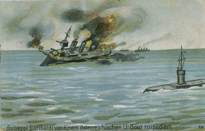 Zatonięcie włoskiego krążownika Giuseppe Garibaldi przez austriacki okręt podwodny U-4, I wojna światowa, 18 lipca 1915 autorstwa Austrian School