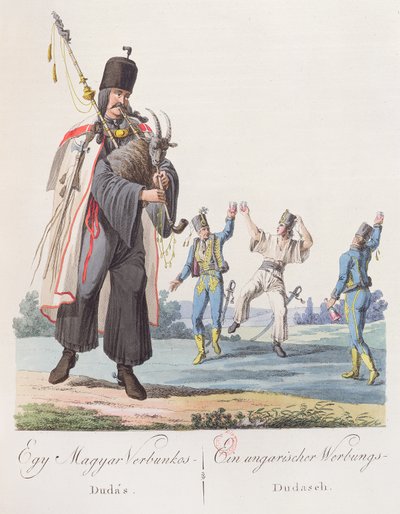 Żołnierze węgierskiego pułku wykonujący taniec rekrutacyjny, ilustracja z książki Costumes de Hongrie, wydanej w Wiedniu, 1810 autorstwa Austrian School