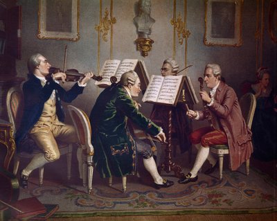 Kwartet smyczkowy wykonujący utwór Mozarta (Muzyka kameralna) (Litografia autorstwa Austrian School