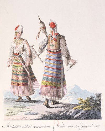 Kobiety w tradycyjnych strojach z regionu Mehadia, ilustracja z książki Costumes de Hongrie autorstwa J.H. de Bikkesy, 1810 (kolor grawerowany) autorstwa Austrian School