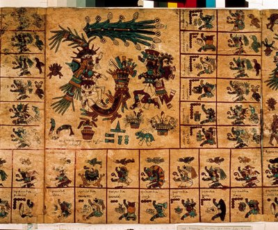 Reprezentacja bóstw Azteków i pudełka odpowiadające kalendarzowi. Strona z azteckiego rękopisu o korze „Codex Borbonicus”, przedkolumbijski kodeks rdzennych mieszkańców środkowego Meksyku, koniec XV wieku. Biblioteka Zgromadzenia Narodowego (Palais Bourbon autorstwa Aztec