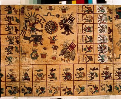 Przedstawienie azteckich bóstw i pól odpowiadających kalendarzowi. Strona azteckiego manuskryptu na korze "Codex Borbonicus", prekolumbijski kodeks tubylczy z centralnego Meksyku, koniec XV wieku. Biblioteka Zgromadzenia Narodowego (Palais Bourbon). autorstwa Aztec