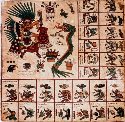 Reprezentacja Quetzalcoatla i Tezcatlipoca, bóstw Azteków oraz pudełka odpowiadające kalendarzowi. Strona z azteckiego rękopisu o korze „Codex Borbonicus””, przedkolumbijski kodeks rdzennych mieszkańców środkowego Meksyku, koniec XV wieku. Biblioteka Narod autorstwa Aztec