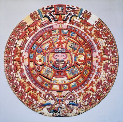 Cywilizacja prekolumbijska: kalendarz aztecki (Kamień Słońca): dysk reprezentujący kalendarz aztecki i kosmogonię (Tonalpohualli) autorstwa Aztec Aztec