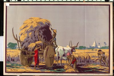 Pole ryżowe, z cyklu „Birma: kraina bogatych zasobów” (litografia kolorowa) autorstwa Ba Nyan