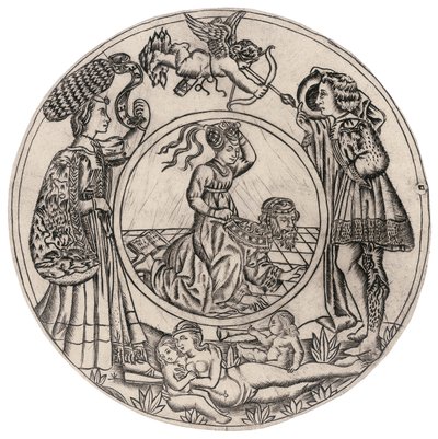 Arystoteles i Phyllis w otoczeniu Młodego Mężczyzny i Kobiety z Erosem oraz leżącej nagiej Kobiety z dwójką dzieci, II poł. XV w. (rycina) autorstwa Baccio (circle of) Baldini